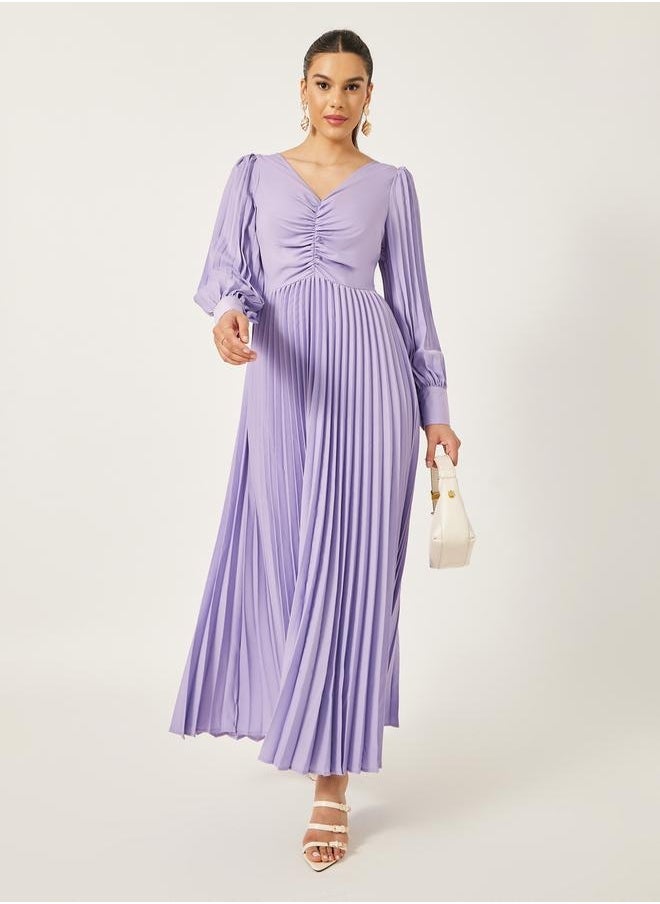 Styli - Pleated Balloon Sleeve Ruched Detail A-Line Maxi Dress - Image 1