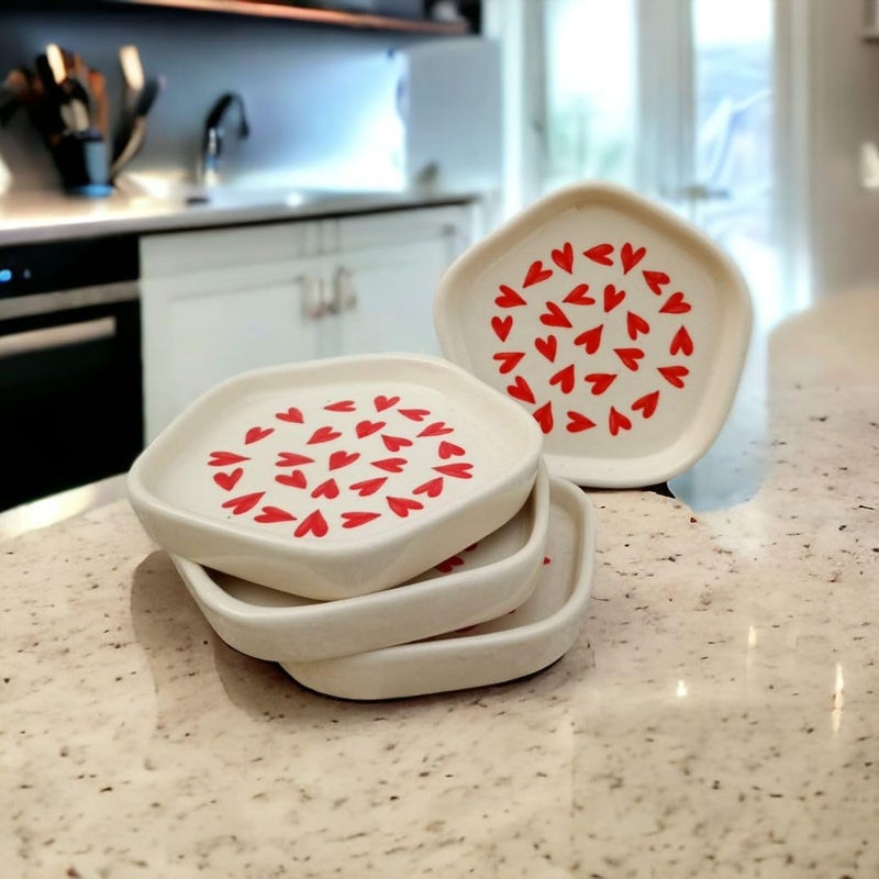 MALAIKAH Ceramic Serving Platter Pack of 4 Red Heart Printed, Handcrafted and Handmade Plate for Snack, Plates for Kitchen and Dinning Microwave Dishwasher Safe - Image 1