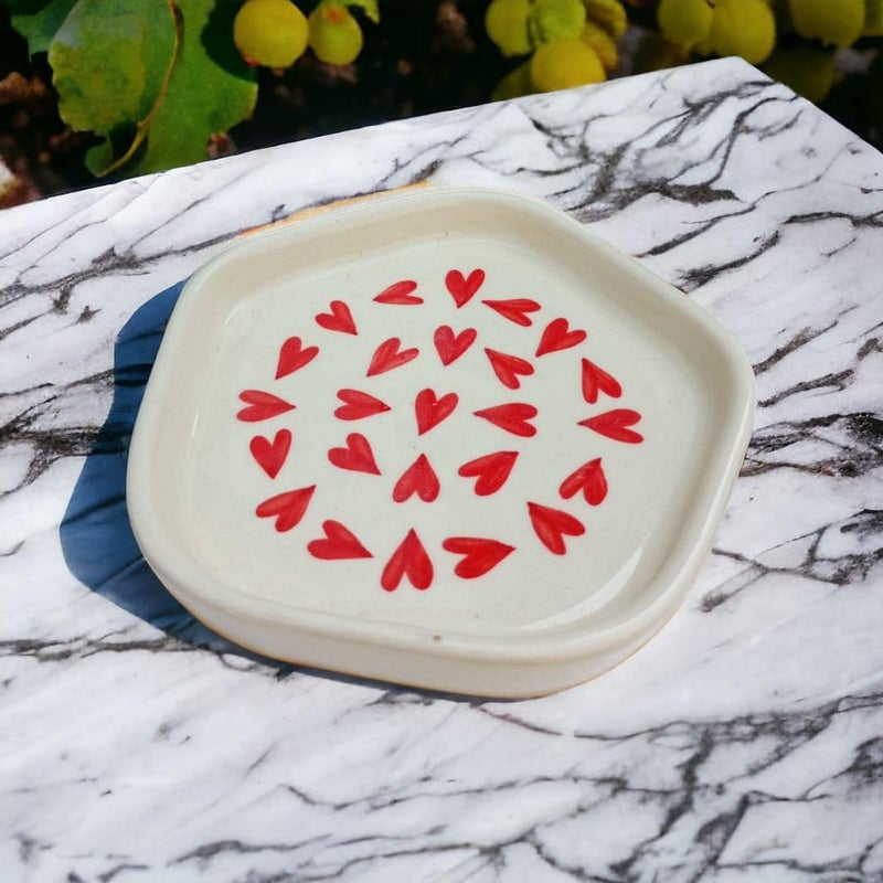 MALAIKAH Ceramic Serving Platter Pack of 4 Red Heart Printed, Handcrafted and Handmade Plate for Snack, Plates for Kitchen and Dinning Microwave Dishwasher Safe - Image 2