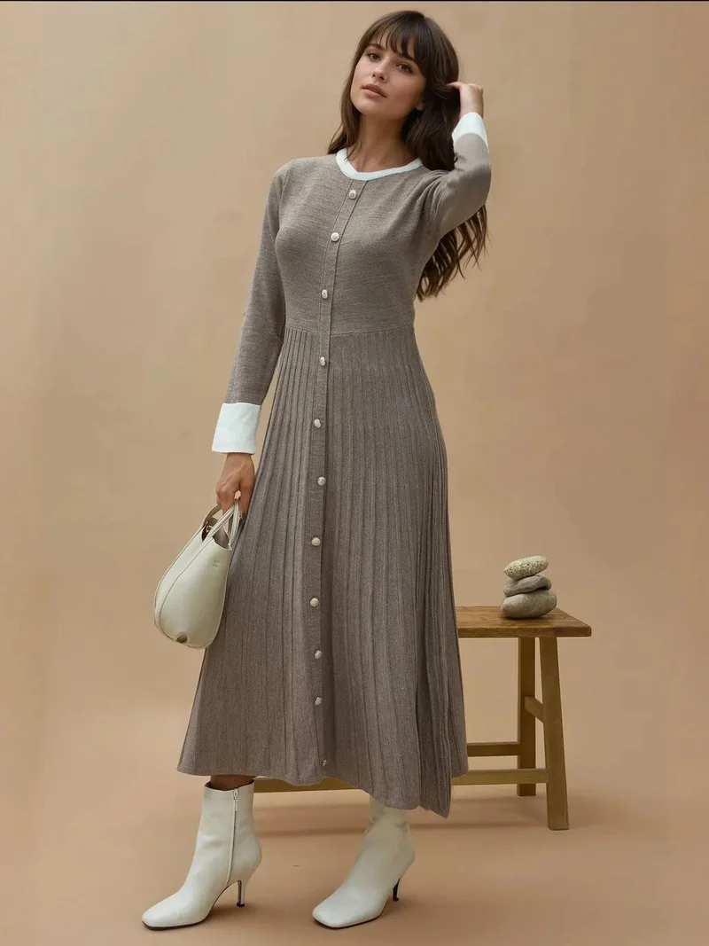 Hiccup Beaver Brown Textured Knit Maxi Dress for Women | Best Price UAE