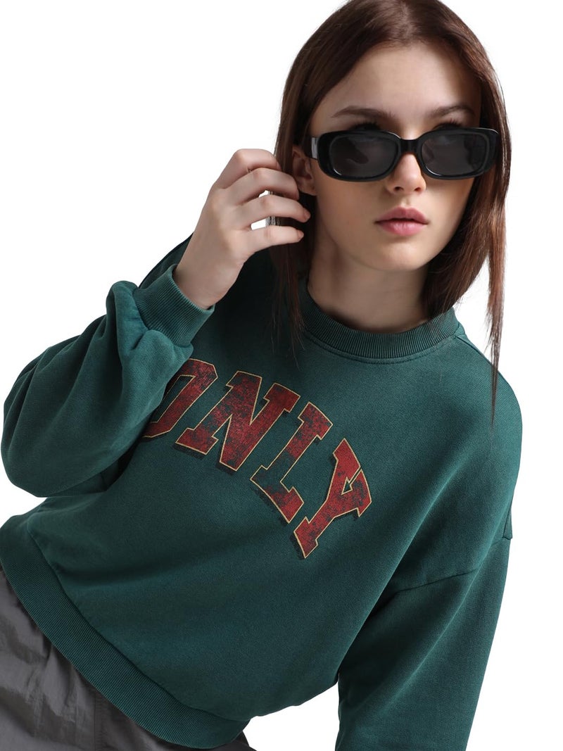 ONLY Women Printed Cotton Loose Fit Green Sweatshirt - Image 2