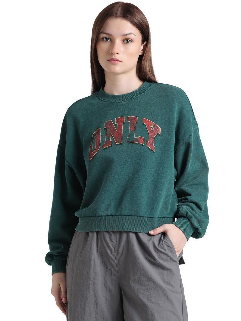 ONLY Women Printed Cotton Loose Fit Green Sweatshirt - Image 3