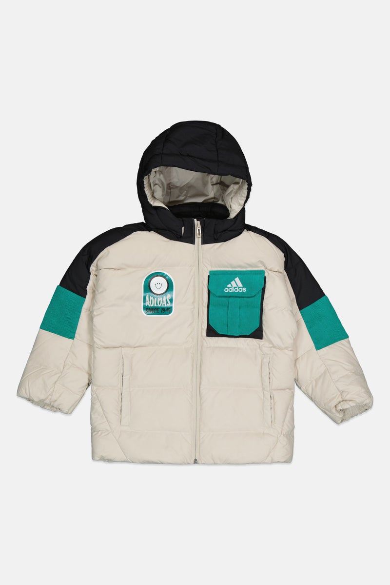 Adidas جاكيت رياضي للأطفال الأولاد بأكمام طويلة مناسب في الهواء الطلق، بيج - Image 1