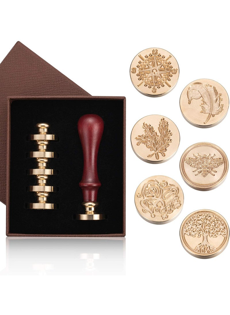 CMGTYYD Wax Seal Stamp Set, 6 Vintage Sealing Wax Stamp Heads + 1 Wooden Handle for Wedding Invitations, Card Envelope Wax Stamp Set, Gift Wrap (Tree of Life + Bee + Rosemary + Compass + Feather + For You)  - Image 1