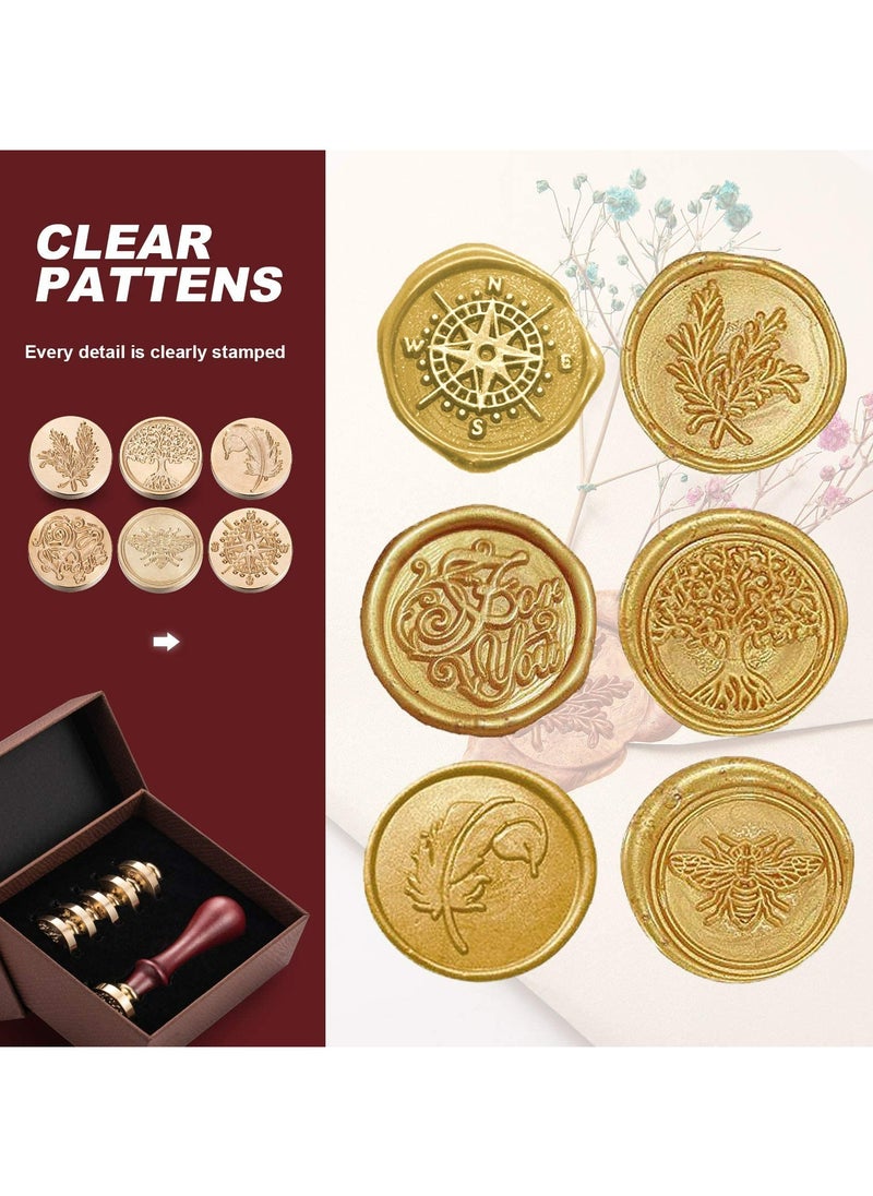 CMGTYYD Wax Seal Stamp Set, 6 Vintage Sealing Wax Stamp Heads + 1 Wooden Handle for Wedding Invitations, Card Envelope Wax Stamp Set, Gift Wrap (Tree of Life + Bee + Rosemary + Compass + Feather + For You)  - Image 2