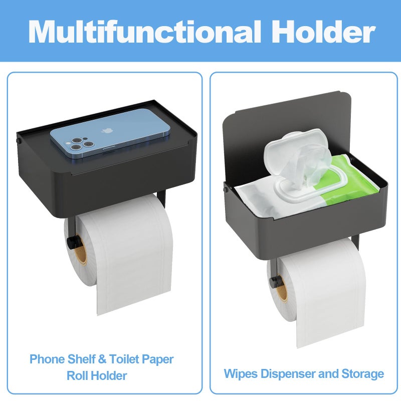 JUYSON Toilet Paper Holder with Shelf, Flushable Wipes Dispenser Fits for Bathroom Wipe Storage, Keep Your Wipes Hidden Out of Sight - SUS304 Stainless Steel Wall Mount Organizer (Matte Black) - Image 3
