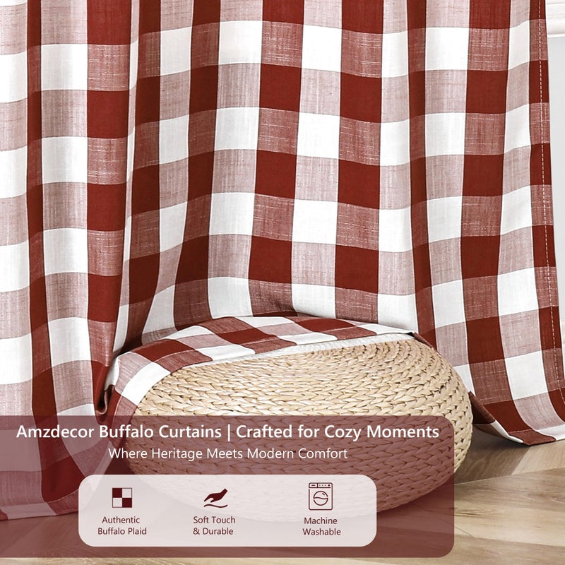 Amzdecor Buffalo Plaid Grommet Curtains 84 Inch Length,Burgundy Red Light Filtering Gingham Check Textured Semi Sheer Curtains Drapery for Living Room Bedroom Farmhouse,2 Panelsï¼ˆ52" x 84",Red & Whiteï¼‰ - Image 3