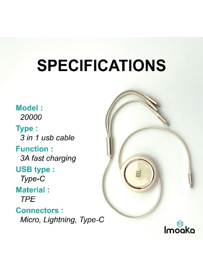 imoaka 3 in 1 Multi USB Retractable Charger Cable,3A Multiple Charging Cord Adapter with iP/USB-C/Micro-USB Port Adapter, Fast Charging Compatible with Cell Phones Tablets Universal Use - Image 4