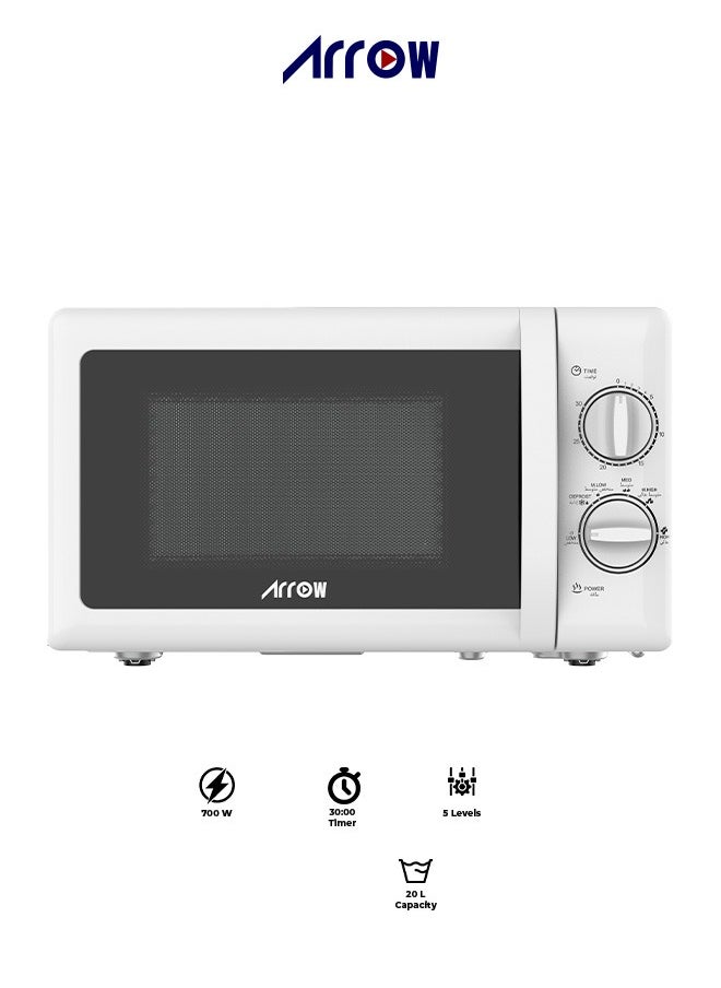 Arrow 20L Mechanical Countertop Microwave Oven, 700W | 5 Power Levels | 2 Years Warranty | Easy-to-Use Mechanical Control | Compact Design for Space Saving | Ideal for Cooking and Heating | Model Name: RO-20MW 