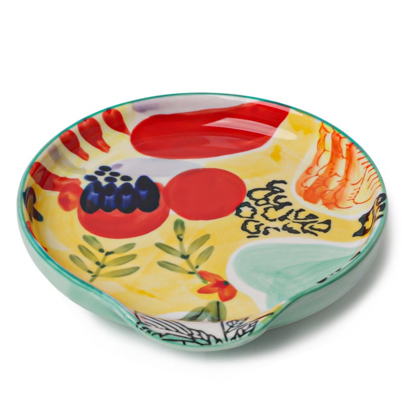 Colorful Hand Painted Spoon Rest 5 Inches Ceramic Spoon Holder for Kitchen Counter Stove Top Dishwasher Safe Multicolor Set of 2