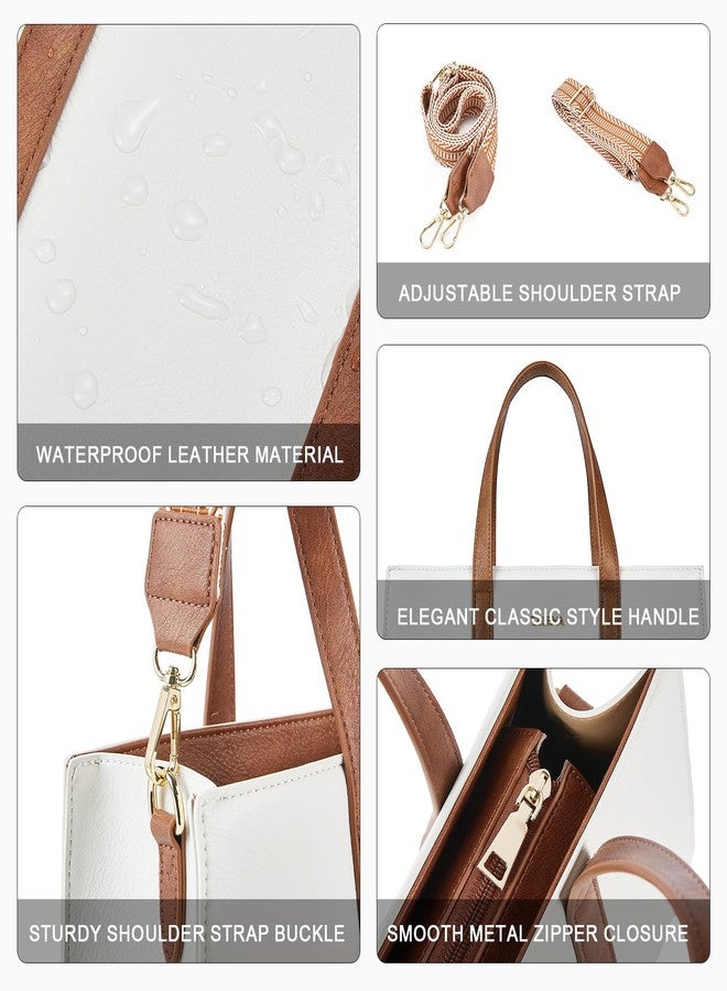 Telena Leather Tote Bag for Women Crossbody Tote Purse Handbag with Compartments and Adjustable Strap Beige Brown - Image 4