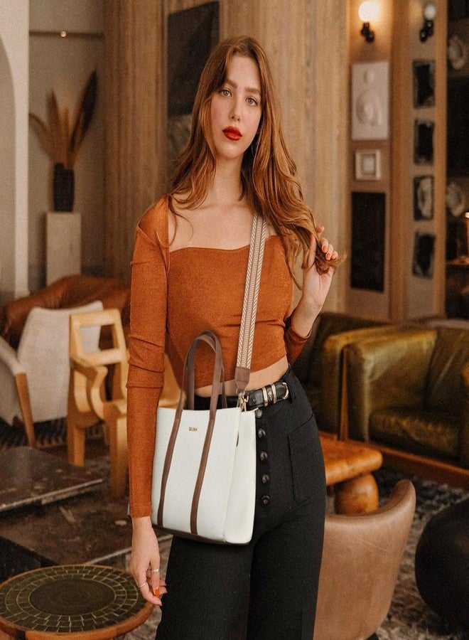 Telena Leather Tote Bag for Women Crossbody Tote Purse Handbag with Compartments and Adjustable Strap Beige Brown - Image 2