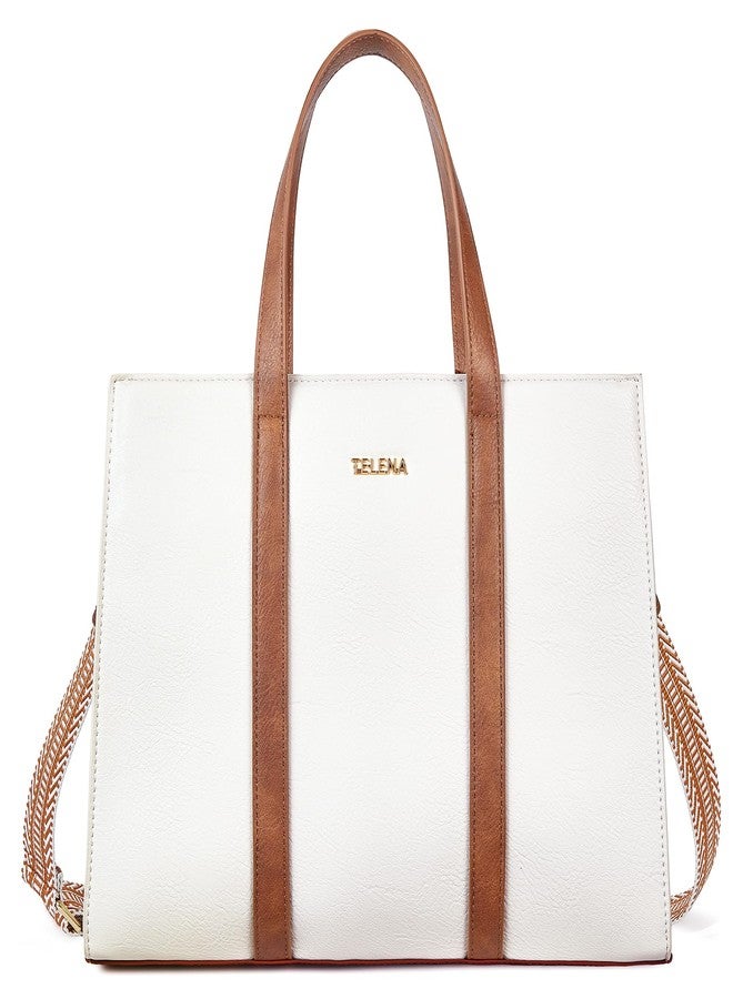 Telena Leather Tote Bag for Women Crossbody Tote Purse Handbag with Compartments and Adjustable Strap Beige Brown - Image 1