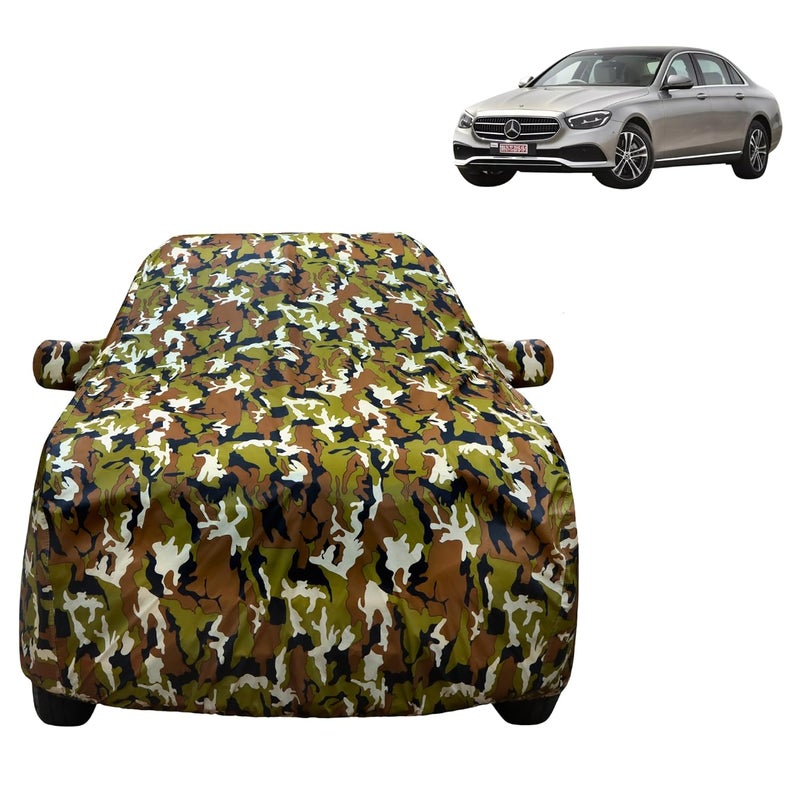 VYAS 100% Waterproof Car Body Cover for Merceadse Benz E Class with Mirror Pocket Triple Stitched Belt & Buckle Fitting Dual Elastic, Durable Material Jungle Print Camouflage Design - Image 1
