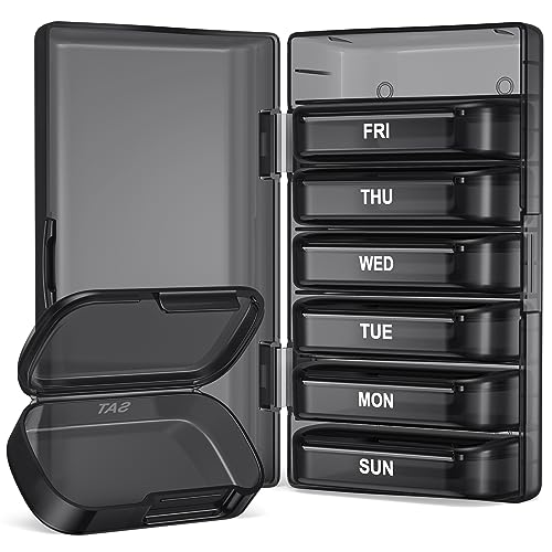 PULIV Weekly Pill Organizer with Large Capacity Dual Protection Pill Box 7 Day Arthritis Friendly Pill Case Easy to Open Medicine Organizer for Vitamins Medications Fish Oils Supplements Black