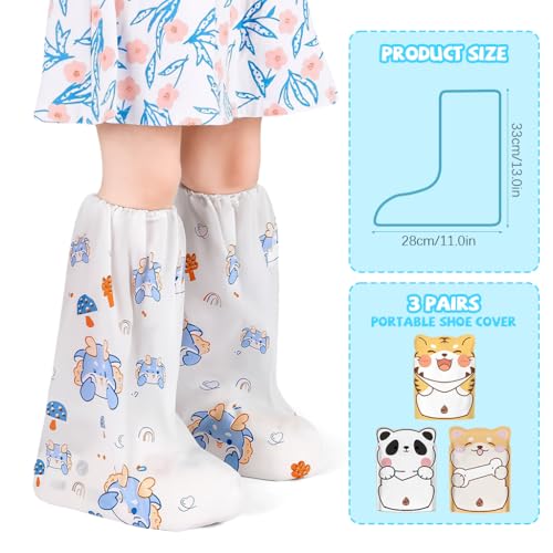 PALAY® Rain Shoe Covers for Kids, 3 Pairs Slip-On Shoe Covers with Elastic Collar, Knee-Length, Fashion Cartoon Wear-Resistant, for Kids 5-12 Years Old - Image 2