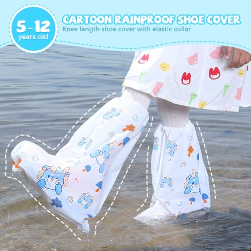 PALAY® Rain Shoe Covers for Kids, 3 Pairs Slip-On Shoe Covers with Elastic Collar, Knee-Length, Fashion Cartoon Wear-Resistant, for Kids 5-12 Years Old - Image 3