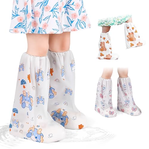 PALAY® Rain Shoe Covers for Kids, 3 Pairs Slip-On Shoe Covers with Elastic Collar, Knee-Length, Fashion Cartoon Wear-Resistant, for Kids 5-12 Years Old - Image 1