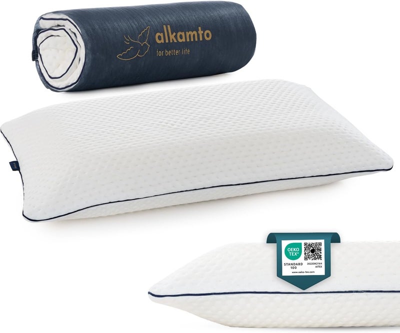 alkamto Memory Foam Pillow 70 x 45 cm - Ergonomic Neck Support Pillow - Oeko-Tex Certified - Thermoregulating Cover - Hypoallergenic & Washable - For Back & Side Sleepers - Image 1