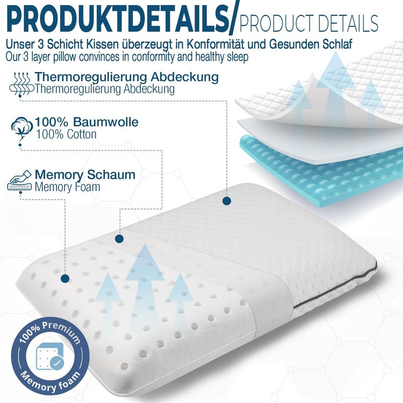 alkamto Memory Foam Pillow 70 x 45 cm - Ergonomic Neck Support Pillow - Oeko-Tex Certified - Thermoregulating Cover - Hypoallergenic & Washable - For Back & Side Sleepers - Image 5