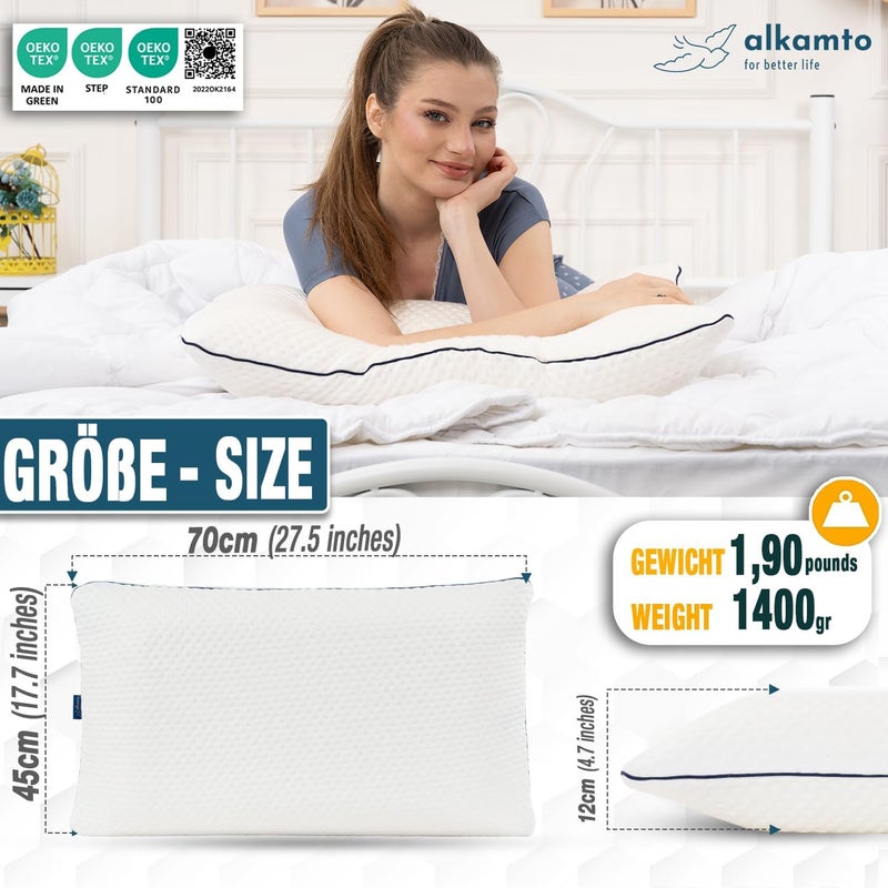 alkamto Memory Foam Pillow 70 x 45 cm - Ergonomic Neck Support Pillow - Oeko-Tex Certified - Thermoregulating Cover - Hypoallergenic & Washable - For Back & Side Sleepers - Image 2