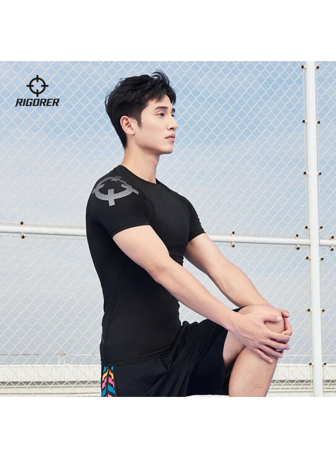 Rigorer Men's Short Sleeve Quick Dry Sports Top Basketball Training Sweat-absorbing Compression Shirt Pure Black 4XL - Image 3