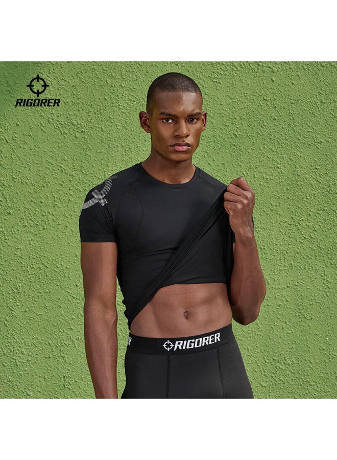 Rigorer Men's Short Sleeve Quick Dry Sports Top Basketball Training Sweat-absorbing Compression Shirt Pure Black 4XL - Image 1
