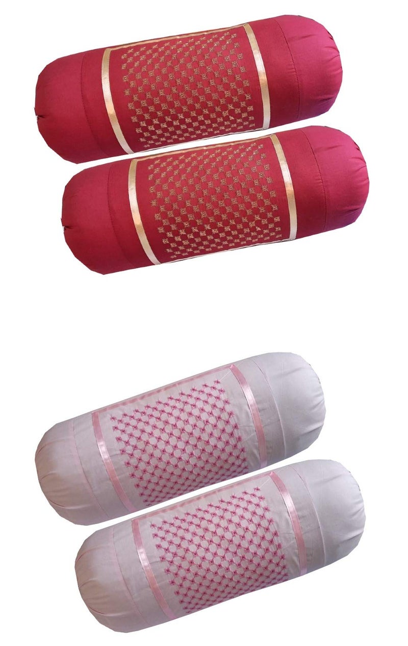 HSR Collection 100% Cotton Embroidered Stone Designed Bolster Cover - Set of 4, Maroon & Pink - Image 1