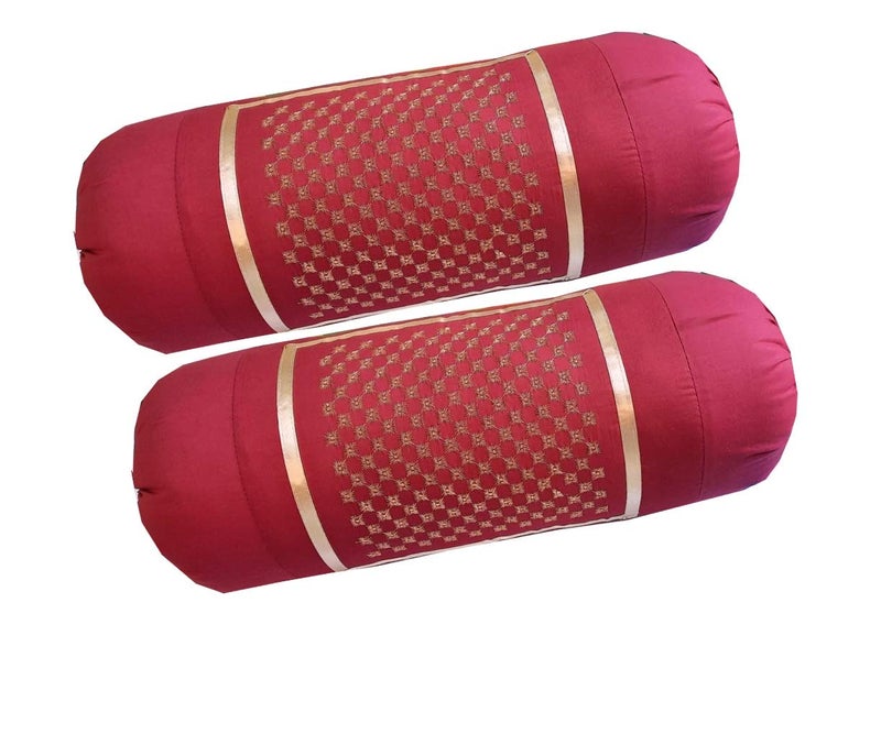 HSR Collection 100% Cotton Embroidered Stone Designed Bolster Cover - Set of 4, Maroon & Pink - Image 2