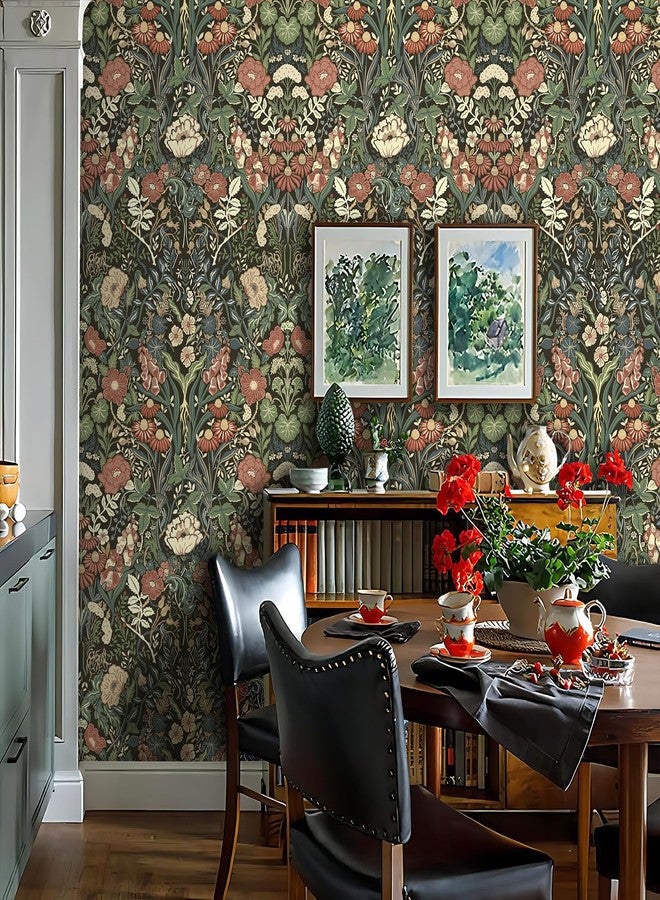 Vintique Floral Peel and Stick Wallpaper, Vintage Botanical Self Adhesive Wallpaper for Kitchen Cabinet Furniture Countertop, Green/Red/Yellow/Black Removable Contact Paper Waterproof, 17.3in*9.8ft - Image 3