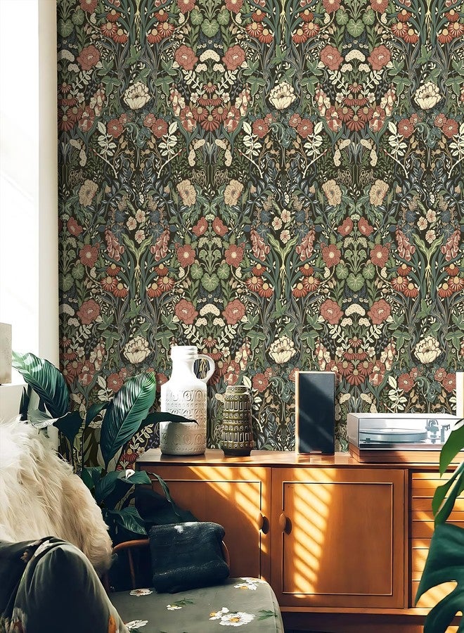 Vintique Floral Peel and Stick Wallpaper, Vintage Botanical Self Adhesive Wallpaper for Kitchen Cabinet Furniture Countertop, Green/Red/Yellow/Black Removable Contact Paper Waterproof, 17.3in*9.8ft - Image 2