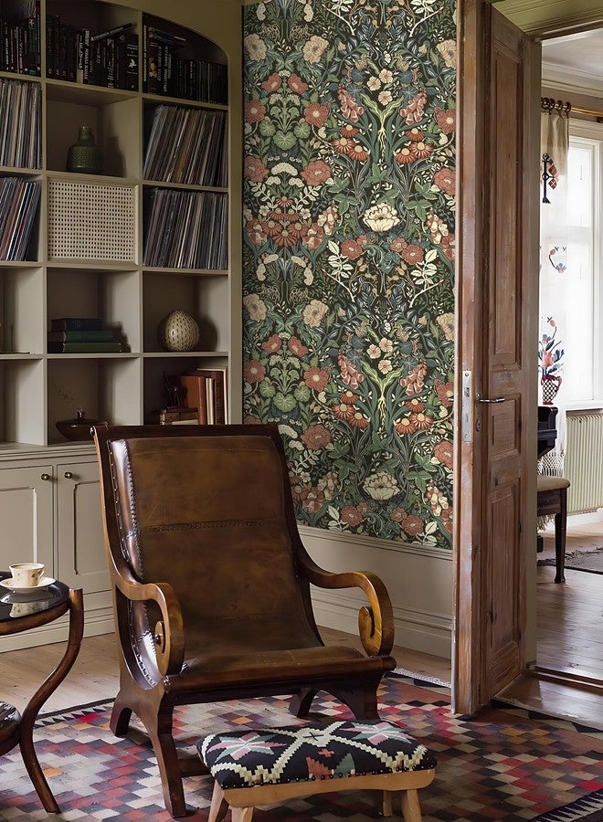 Vintique Floral Peel and Stick Wallpaper, Vintage Botanical Self Adhesive Wallpaper for Kitchen Cabinet Furniture Countertop, Green/Red/Yellow/Black Removable Contact Paper Waterproof, 17.3in*9.8ft - Image 5