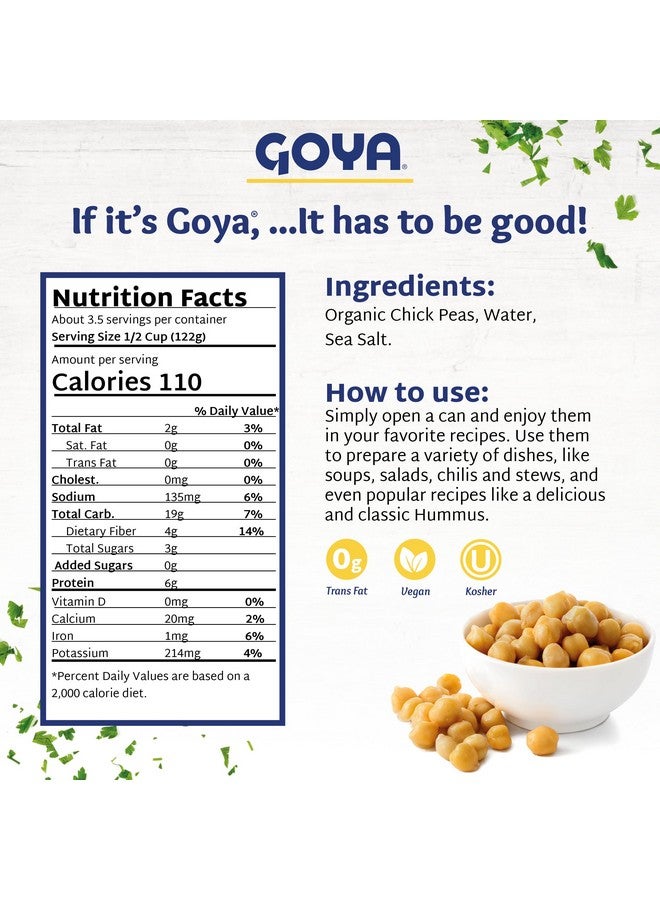 Goya Organic Chick Peas Garbanzo Beans, Low Sodium with Sea Salt, 15.5 Ounce (Pack of 8) - Image 2