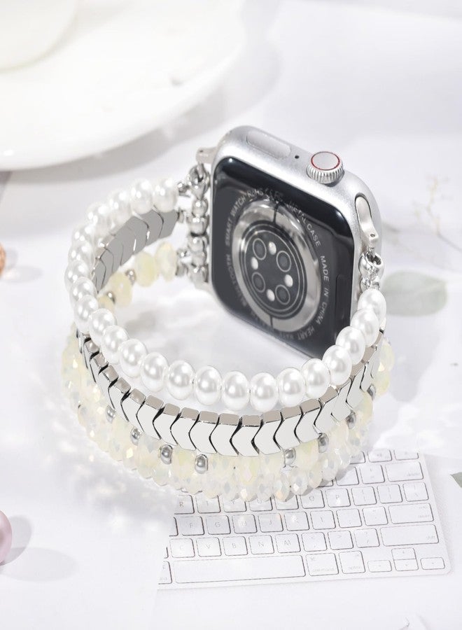 MOFREE Beaded Bracelet Compatible with Apple Watch Band 38mm/40mm/41mm/42mm, Fashion Elastic Stretch Women Bands for iWatch Series 11/10/9/8/7/SE/6/5/4/3/2/1 iPhone Watch Strap Bands (White/Yellow) - Image 2