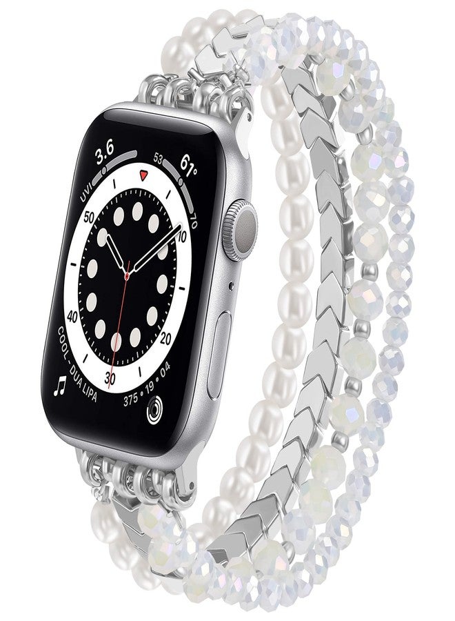 MOFREE Beaded Bracelet Compatible with Apple Watch Band 38mm/40mm/41mm/42mm, Fashion Elastic Stretch Women Bands for iWatch Series 11/10/9/8/7/SE/6/5/4/3/2/1 iPhone Watch Strap Bands (White/Yellow) - Image 1