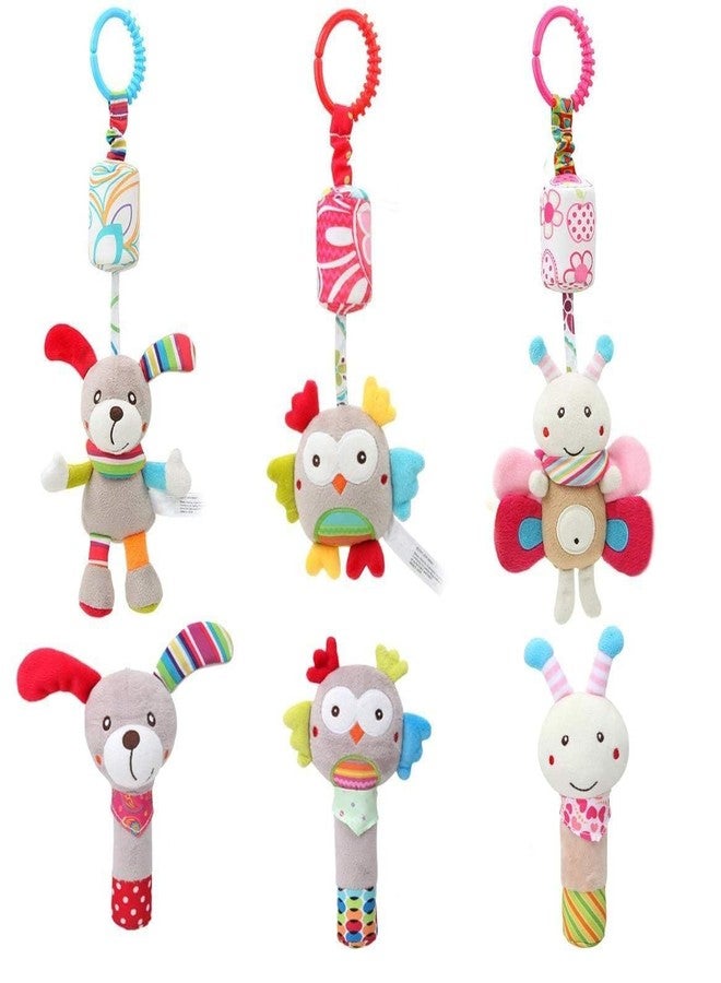 Slipps 6 Pcs Baby Hanging + Hand Rattles Toys, Soft Crinkle Squeaky Sensory Learning Toy, Plush Animals Ring Stroller Infant Car Bed Travel Activity Hanging Wind Chime for Babies Toddlers