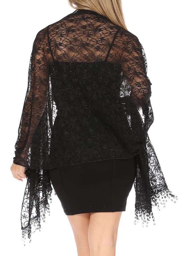 Sakkas 1929 - Mari Women's Large Lightweight Soft Lace Scarf Wrap Shawl Floral and Fringe - Style4-Black - OS - Image 2
