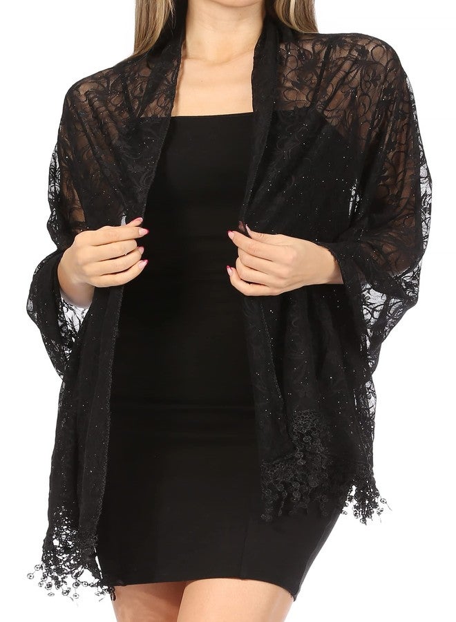 Sakkas 1929 - Mari Women's Large Lightweight Soft Lace Scarf Wrap Shawl Floral and Fringe - Style4-Black - OS - Image 1