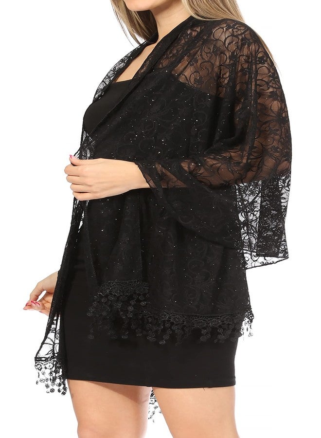 Sakkas 1929 - Mari Women's Large Lightweight Soft Lace Scarf Wrap Shawl Floral and Fringe - Style4-Black - OS - Image 3