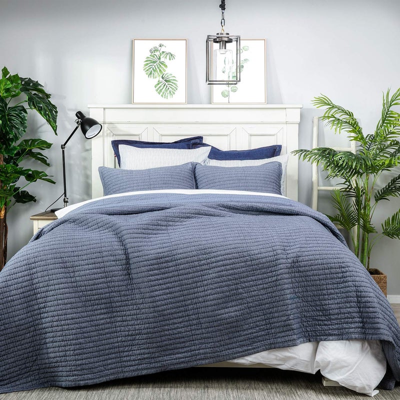 ELEGANT LIFE HOME Cotton Yarn Dyed Chambray Collection Cotton Fill  Lightweight Channel Stitch Stitching Bedding Quilt Oversized King Blue Color 106 x 90