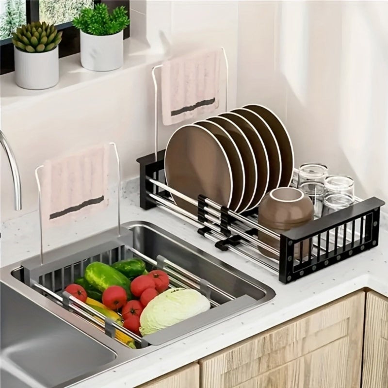 Grey Expandable Over The Sink Dish Rack Stainless Steel Drying Organizer - Image 3