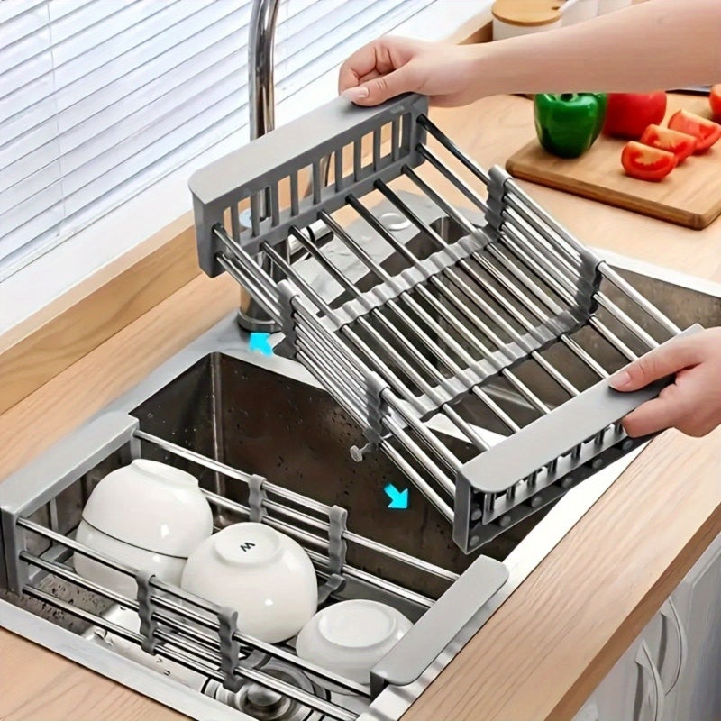 Grey Expandable Over The Sink Dish Rack Stainless Steel Drying Organizer - Image 2