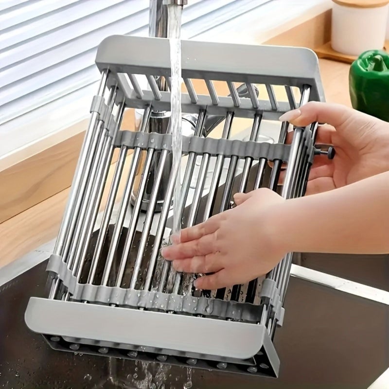 Grey Expandable Over The Sink Dish Rack Stainless Steel Drying Organizer - Image 1