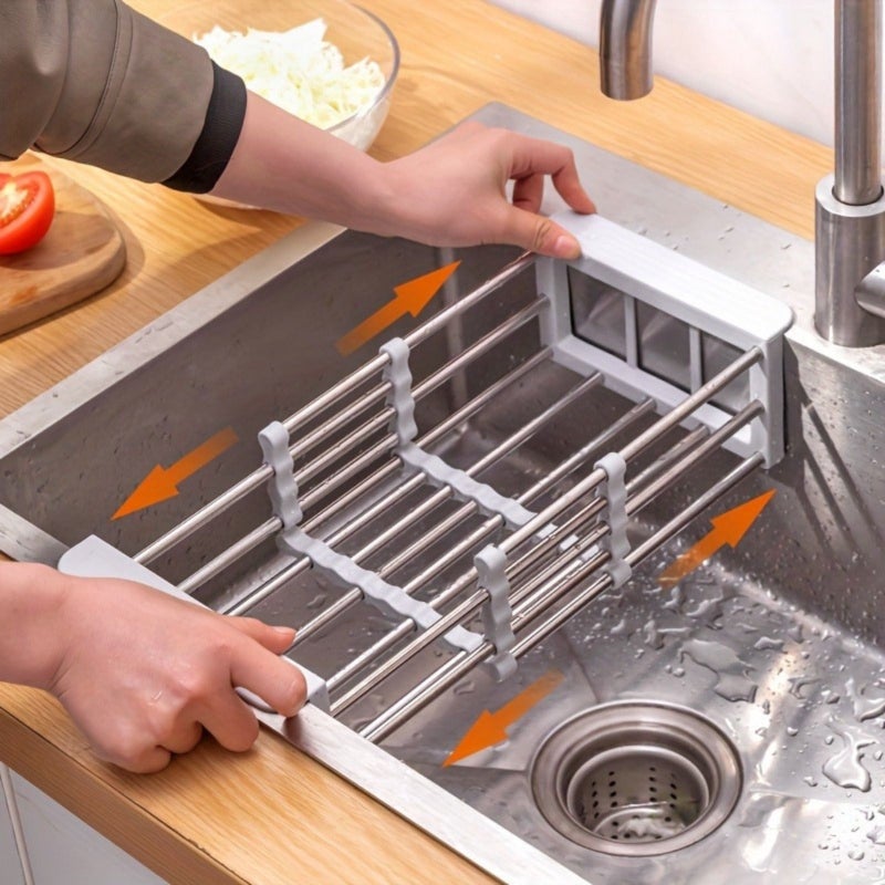 Grey Expandable Over The Sink Dish Rack Stainless Steel Drying Organizer - Image 5
