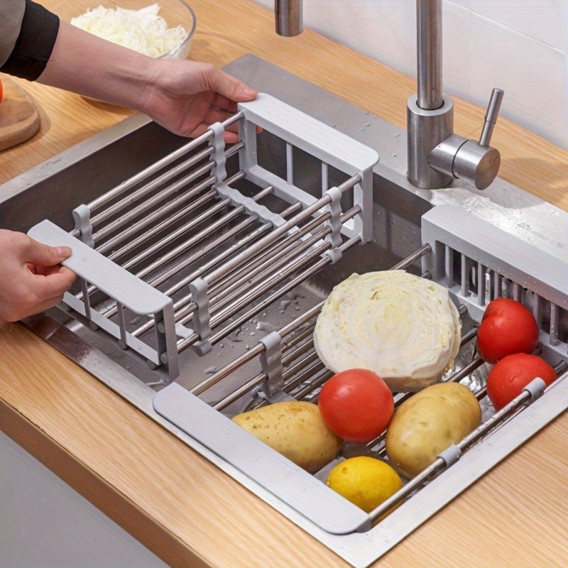 Grey Expandable Over The Sink Dish Rack Stainless Steel Drying Organizer - Image 4