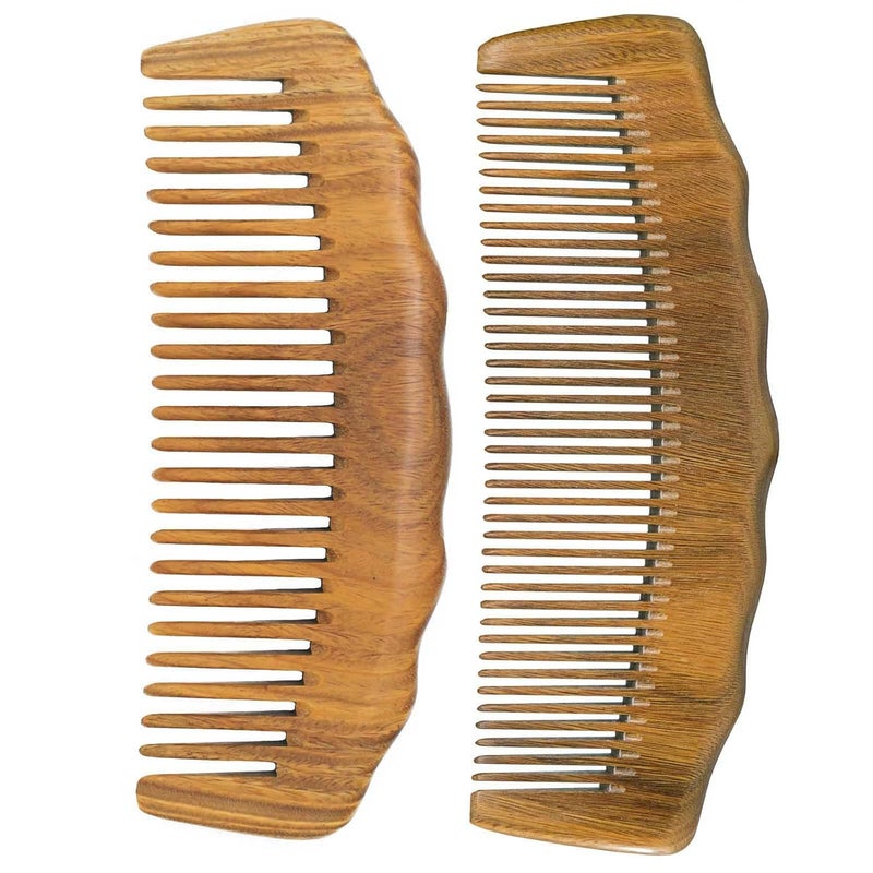 Wooden Comb for Women Hair Growth Labor Comb 2 Pack Wide Tooth for Women Fine Tooth for Men Beard  Sandalwood