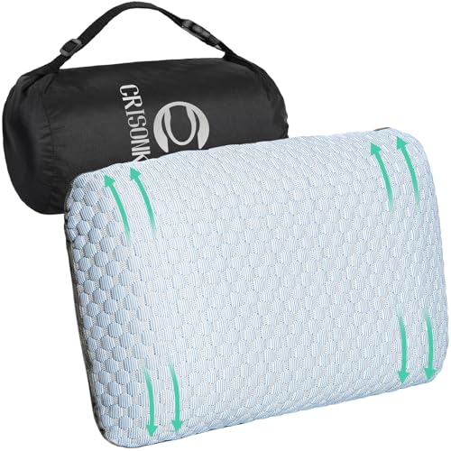 Crisonky Travel and Camping Pillow- Compressible Medium Firm Memory Foam Pillow with Carry Bag for Backpacking & Airplane, Lumbar Support. Breathable Cooling Fabric, Washable Pillowcase (Wathet Blue) - Image 1