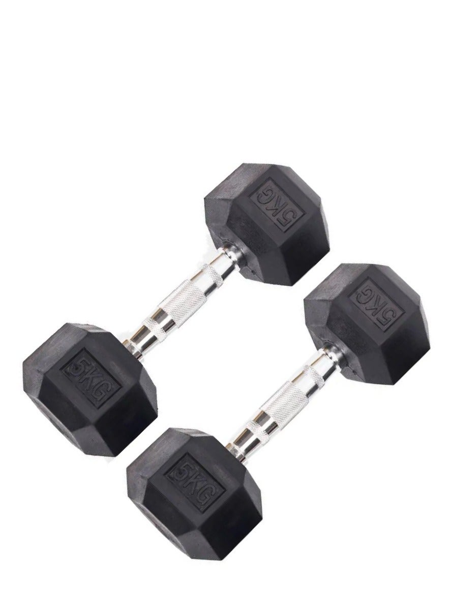 5 KG Rubber Coated Metal Ergonomic Hex Hand Dumbbell for Fitness Strength Training Weightlifting Workout Prevent Rolling Injury for Home Gym Sports Exercise Gym Equipment Men Women Pack of 2