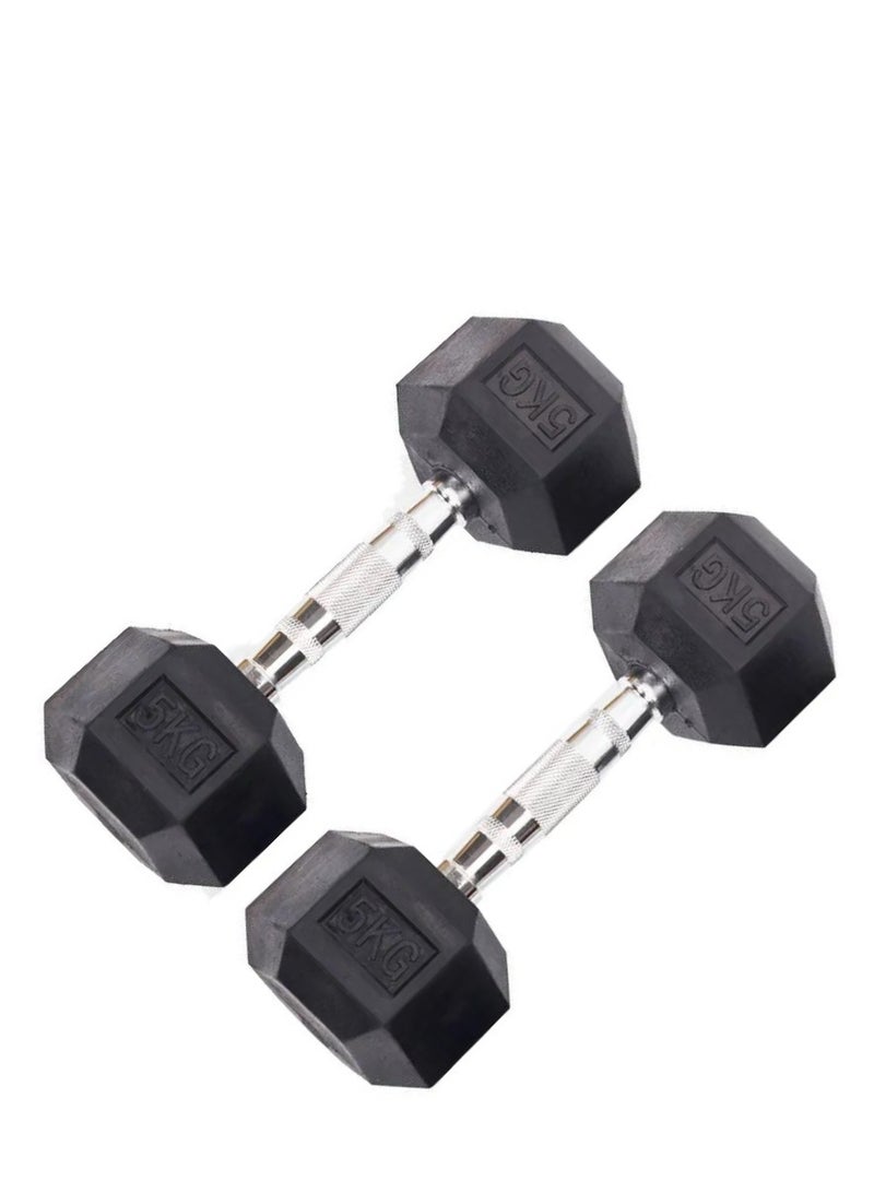 VIO 5 KG Rubber Coated Metal Ergonomic Hex Hand Dumbbell for Fitness Strength Training Weightlifting Workout Prevent Rolling Injury for  Home Gym Sports Exercise Gym Equipment Men Women Pack of 2 - Image 1