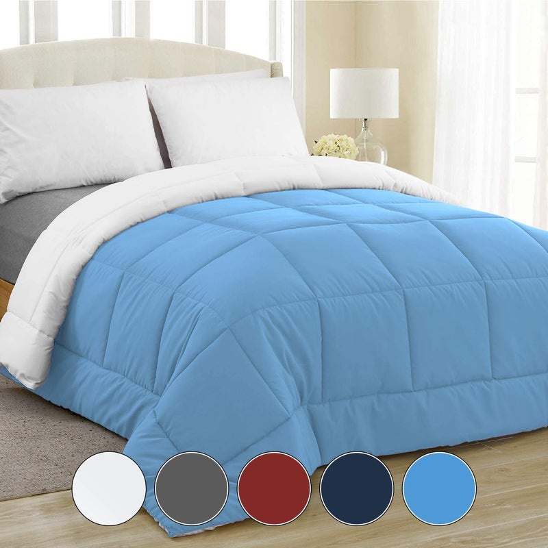 Linenovation All Season Microfiber Reversable DuvetAC ComforterQuilt Sky Blue White Single Size 60 Inch x 90 Inch